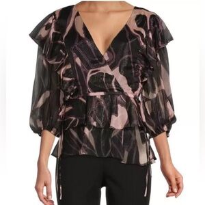 Ted Baker Jasmyns Ruffle V-Neck Blouse Top With Tie Waist Sz 3 Black/Maroon